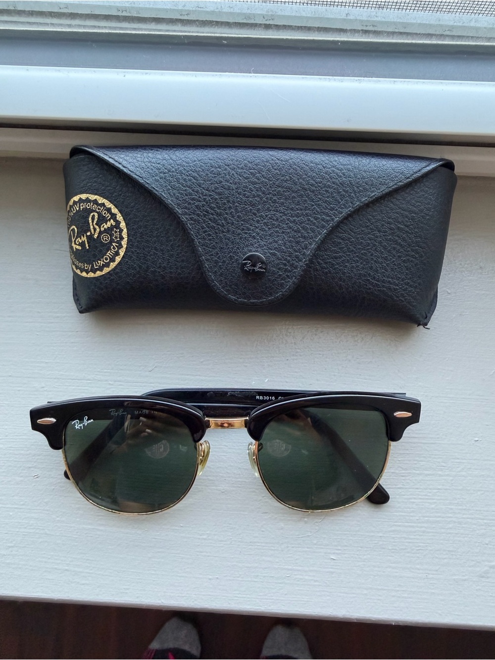 Ray-Ban Black and Gold Semi-Rim Clubmaster Sunglasses with Black Case